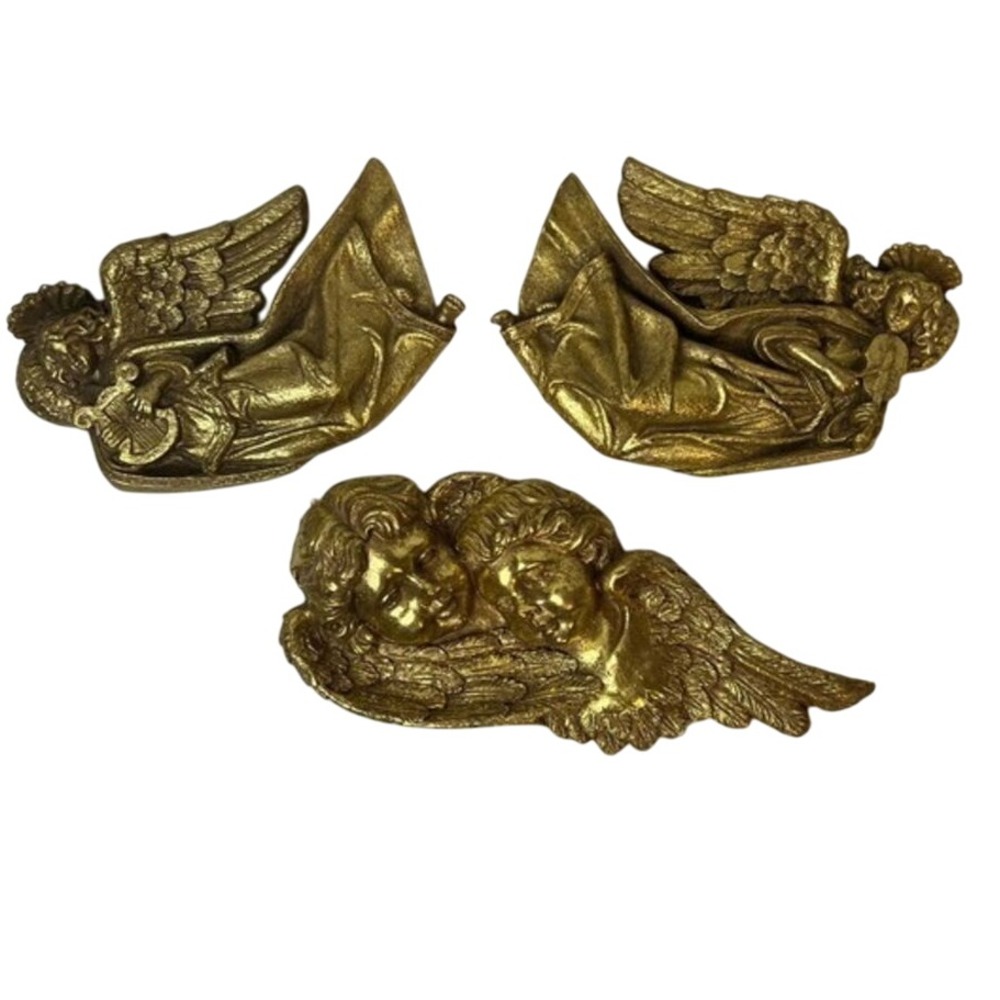 Vintage Angels 3 Gold Color Wall Decor Harp Violin Angel Faces Grandma Decor